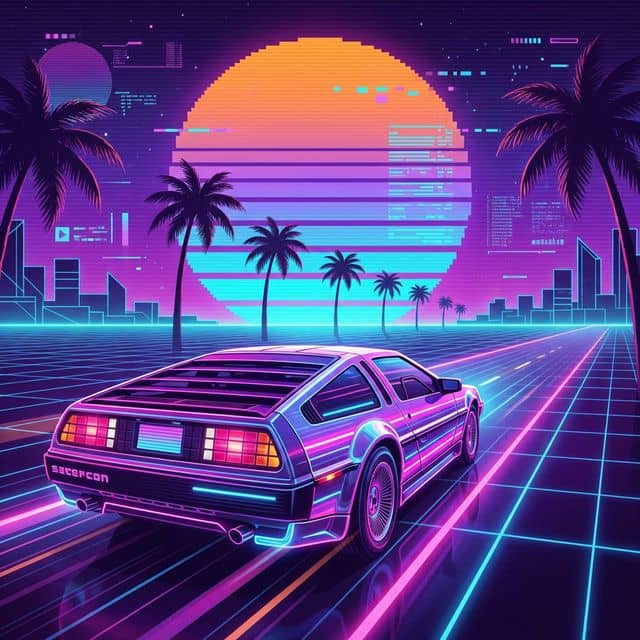 Coche synthwave retro futurista al atardecer, render IA